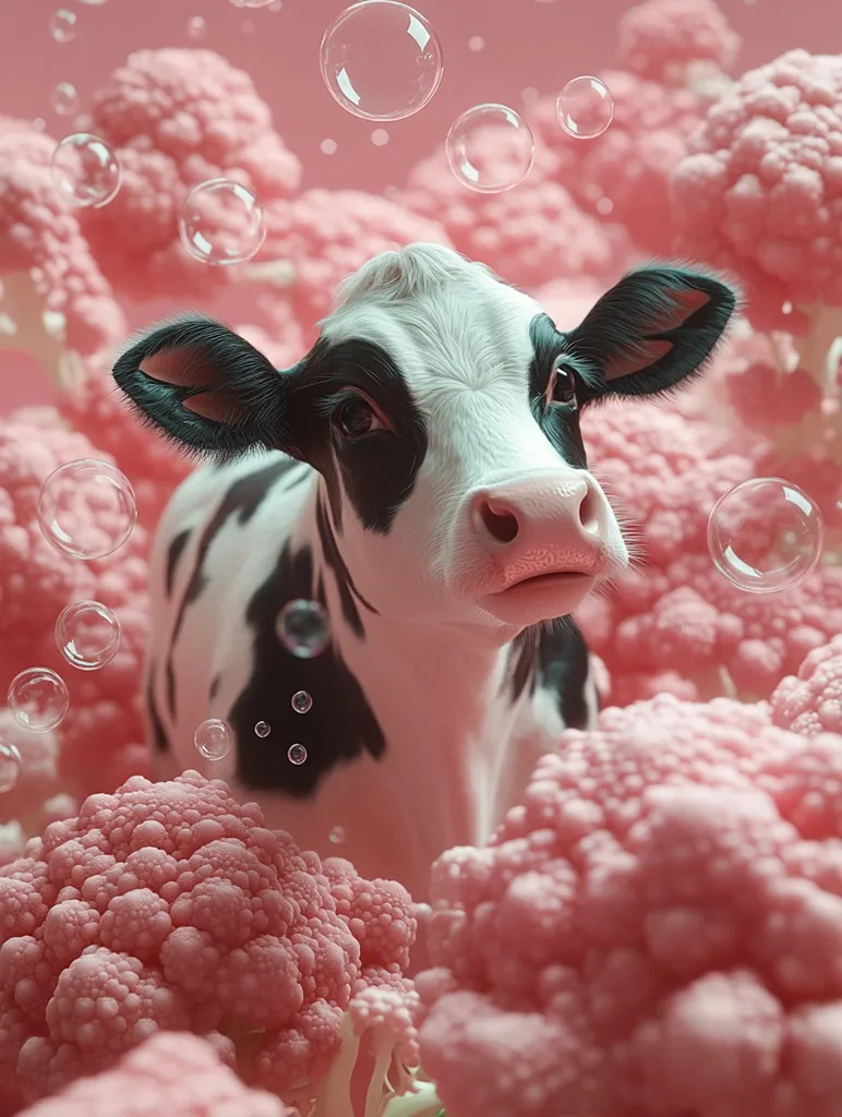 A black and white cow with large, curious eyes looks directly at the viewer. It is surrounded by large pink caulifower florets, which appear soft and fluffy. Many soap bubbles float in the air. The background is a pale pink. The scene is whimsical and dreamlike.