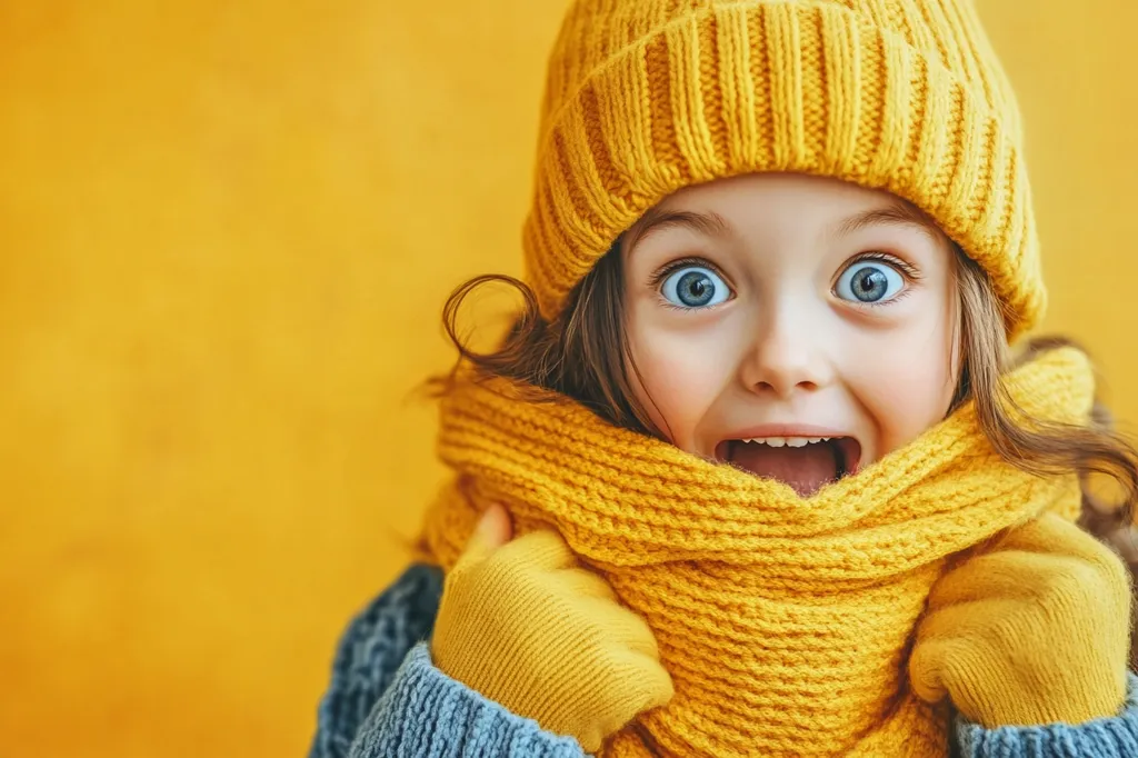A young girl with wide, bright eyes is wearing a yellow knitted hat and scarf. She is looking at the camera with an expression of excitement and joy. Her mouth is open in a wide grin, revealing her white teeth. The background is a solid yellow, providing a bright and cheerful setting for the portrait. The girl's appearance suggests a sense of warmth and happiness.