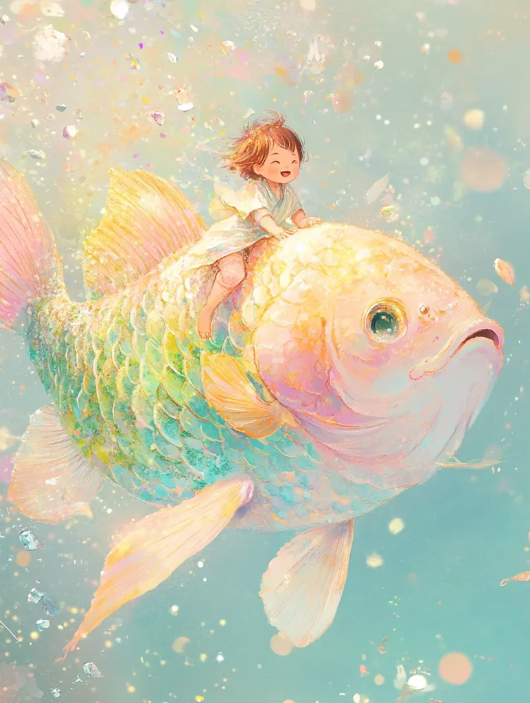 A young girl with brown hair and a white dress sits on the back of a large, pink and green fish. The fish has iridescent scales and a large, round body. The image is painted in a soft, dreamy style with a light blue background and white specks of light. The girl has a smile on her face and seems to be enjoying the ride.