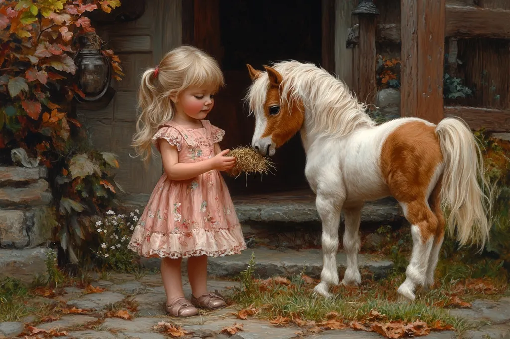 A young girl in a pink dress stands in front of a small brown and white pony. The girl is offering the pony a handful of hay. They are both standing on stone steps in front of a wooden door. The background is a rustic setting with autumn leaves and a lush green lawn.