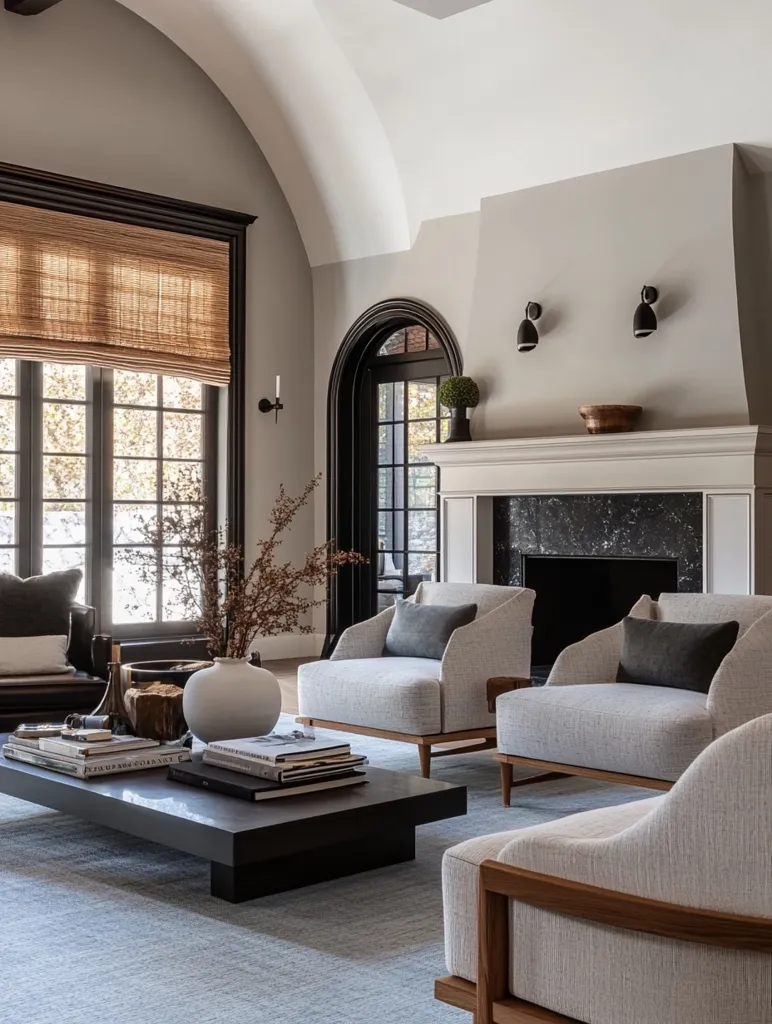A spacious living room with a vaulted ceiling features a large window with woven blinds, cream-colored armchairs, and a low coffee table piled with books. The fireplace is black marble and is flanked by sconces. The room is decorated with a simple, modern aesthetic.  The room is airy and inviting, with soft lighting and comfortable furniture.