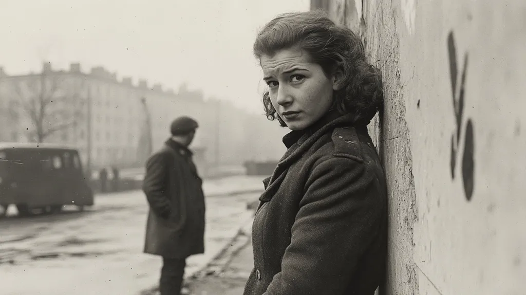 A young woman stands leaning against a building, her face somber as she gazes towards the camera. She wears a dark coat and has her hair pulled back. A man in a coat walks past in the background, blurred by the motion. The scene is set on a street in a city, with buildings visible in the distance. The overall tone is melancholy and reflective.