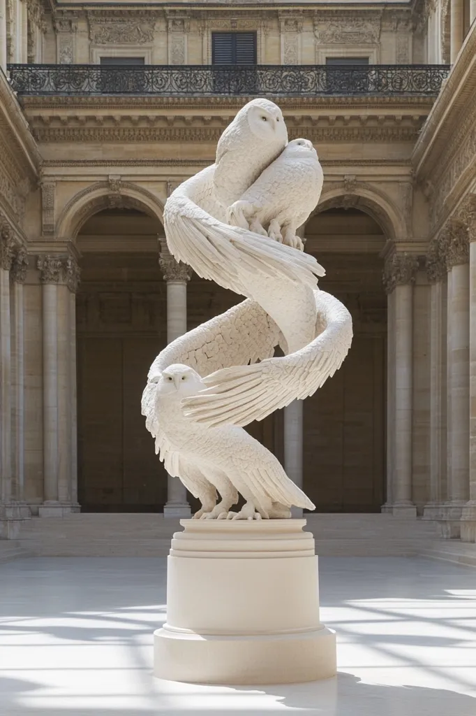 A white marble sculpture of three owls in a spiral formation stands on a square pedestal in a grand, arched hall. The owls are intricately sculpted, with detailed feathers and piercing eyes. The sculpture is bathed in natural light streaming through the large windows of the hall, creating a sense of serenity and elegance. The background features tall columns and arches, adding a sense of grandeur to the scene.  The sculpture is a stunning example of  classical art, with a timeless beauty that transcends the ages.