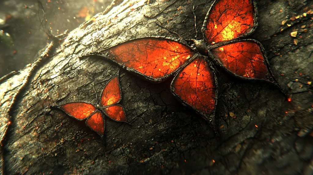Two large, intricate butterfly wings are carved into a dark, textured surface, resembling bark or stone. They are a fiery orange color, with veins and patterns that suggest a burning, molten quality. The background is out of focus, suggesting a forest setting. The image evokes a sense of natural beauty and transformation.