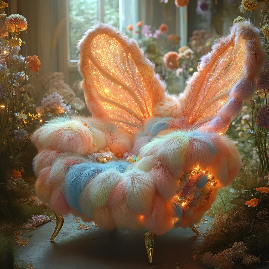 A whimsical chair resembling a butterfly with large, translucent, glittery wings. The chair is covered in a fluffy, pastel-colored fur with golden accents. It sits in a garden setting, surrounded by soft light and blurred flowers.  The chair emanates an ethereal and magical aura, inviting one to sit and dream.