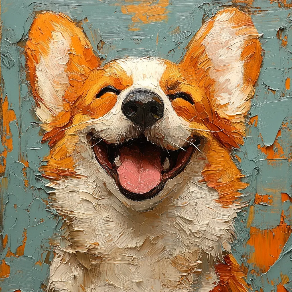 A close-up painting of a corgi with its mouth open in a joyful grin, showcasing its pink tongue. The dog's fur is a mix of white and orange, and the background is a muted blue-green with hints of orange. The painting has a thick, textured style, giving the impression of brushstrokes. The overall feeling is one of happiness and lightheartedness.