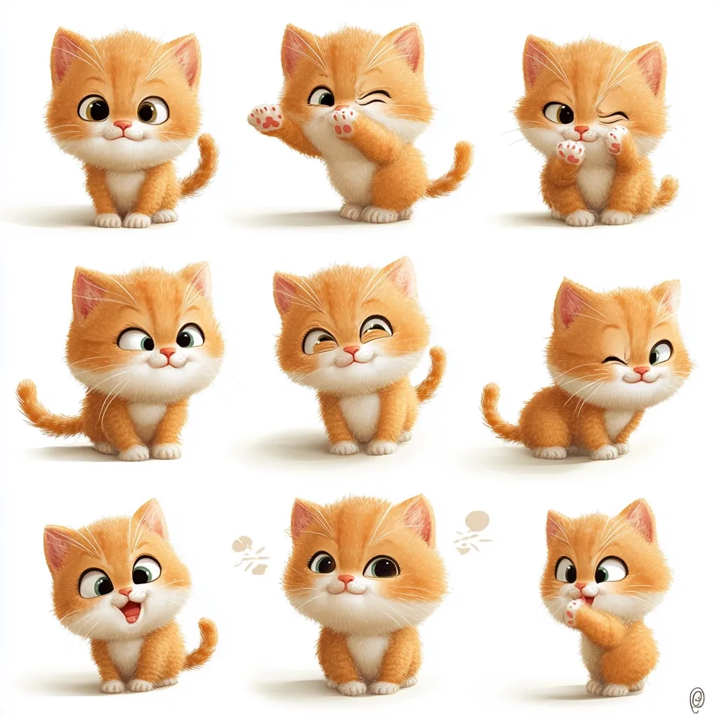 Nine cartoon images of an orange tabby kitten with different expressions. The kitten is depicted in various poses, including sitting, standing, and winking. The images showcase the kitten's playful and adorable personality. Each image captures a different emotion, from happy to sleepy, with vibrant colors and a soft, cuddly appearance.
