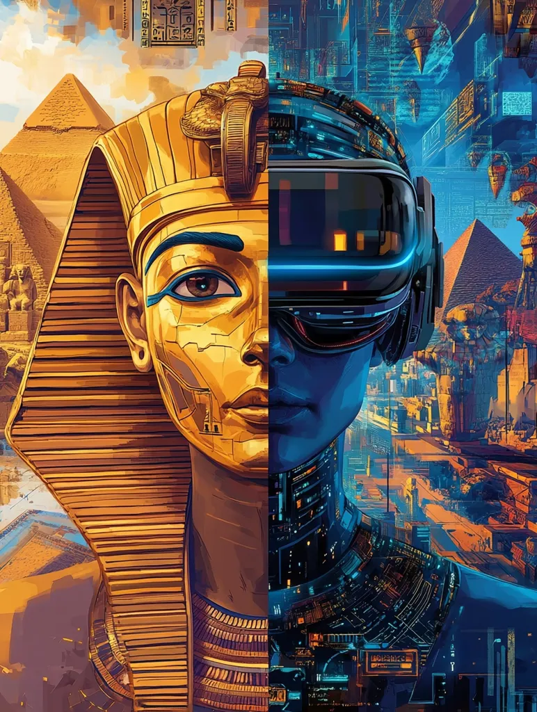 The image depicts a split-face portrait, juxtaposing ancient Egypt and a futuristic cyborg. On the left, a pharaoh with a golden headdress and intricate jewelry, set against a backdrop of pyramids and desert sands. On the right, a cyborg with a sleek, blue helmet and a body composed of intricate circuitry, against a backdrop of futuristic cityscape. The image highlights the clash of ancient and modern, tradition and technology.