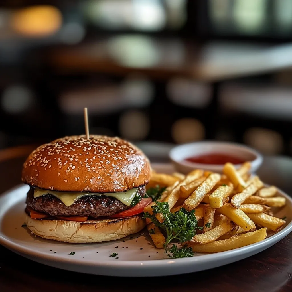 A juicy burger sits on a white plate, surrounded by a pile of golden fries.  A small dish of ketchup sits behind the fries, adding a touch of red to the scene.  The burger is topped with melted cheese, a tomato slice, and a bit of greenery.  The entire meal is captured from a slightly elevated angle, emphasizing the deliciousness of the food.  The image is likely taken in a restaurant setting, with blurry background details suggesting a cozy atmosphere.