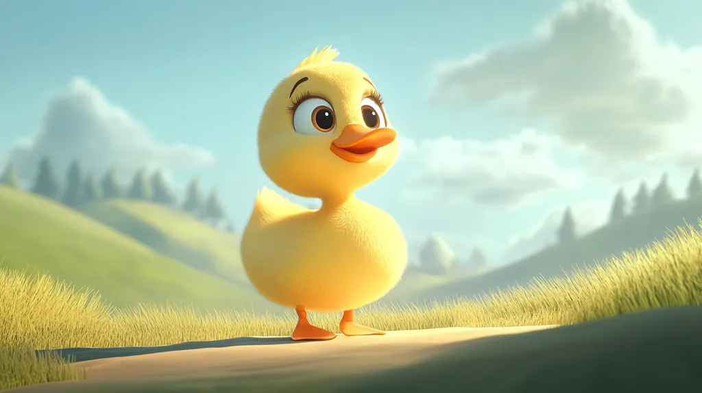 A cute, cartoon duckling with big, round eyes stands on a path in a grassy field. The duckling is yellow and fluffy, with a bright orange beak. The background is a soft, blurred landscape of hills and trees, and a blue sky with white clouds. The duckling looks up at the sky, with a happy and curious expression. The image evokes a sense of innocence and joy.