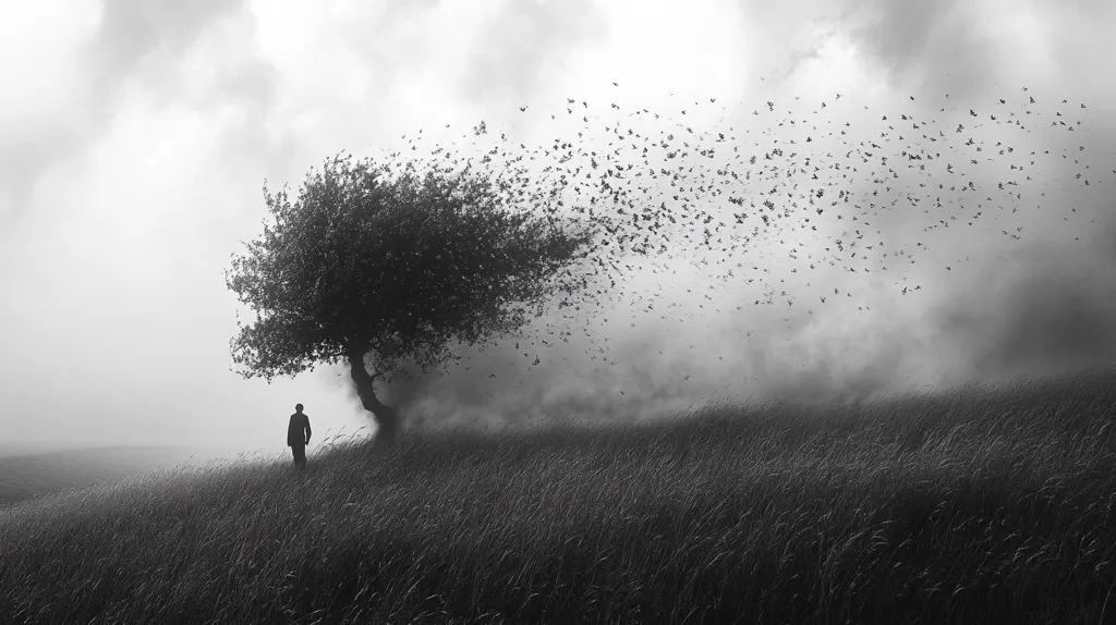 A solitary figure stands in a field of tall grass, gazing at a large tree with its branches seemingly turning into a flock of birds flying away. The scene is bathed in a misty, ethereal light, creating a sense of mystery and introspection. The image evokes feelings of loss, transition, and the passage of time.