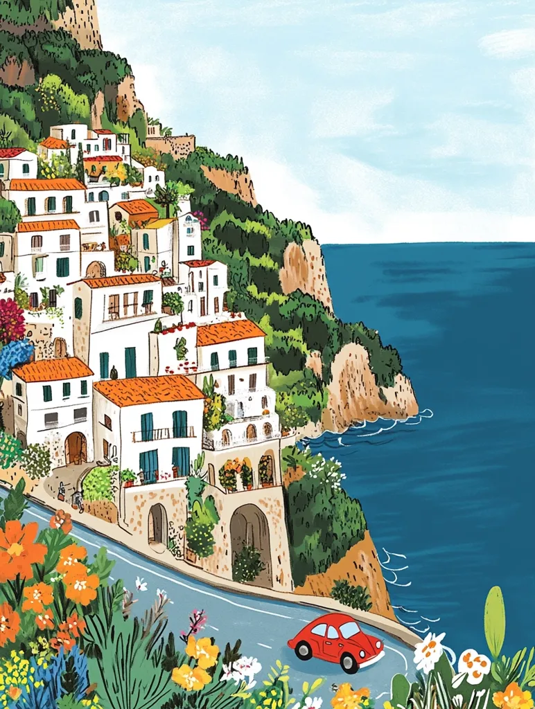 The image depicts a picturesque coastal town nestled on a steep cliffside. Whitewashed houses with terracotta roofs cascade down the hillside, interspersed with vibrant green foliage. A winding road snakes its way through the town, leading to a stunning ocean vista. A red car, a splash of color against the blue sea, adds a touch of whimsy to the scene.  The sky is a clear and bright blue, setting the stage for a quintessential Mediterranean landscape.