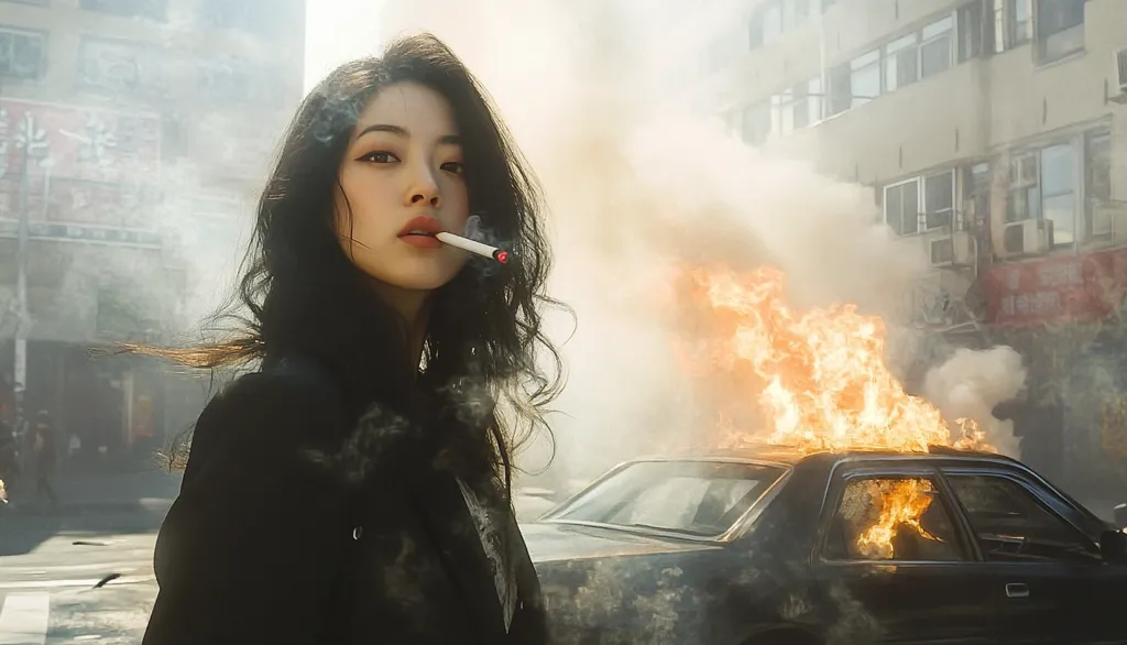 A young woman with long black hair stands in front of a burning car, smoke filling the air.  She is wearing a black jacket and has a cigarette in her mouth.  The city buildings behind her are shrouded in smoke, creating a chaotic and unsettling atmosphere.  Her expression is stoic, with an air of indifference to the burning car and the smoke around her.