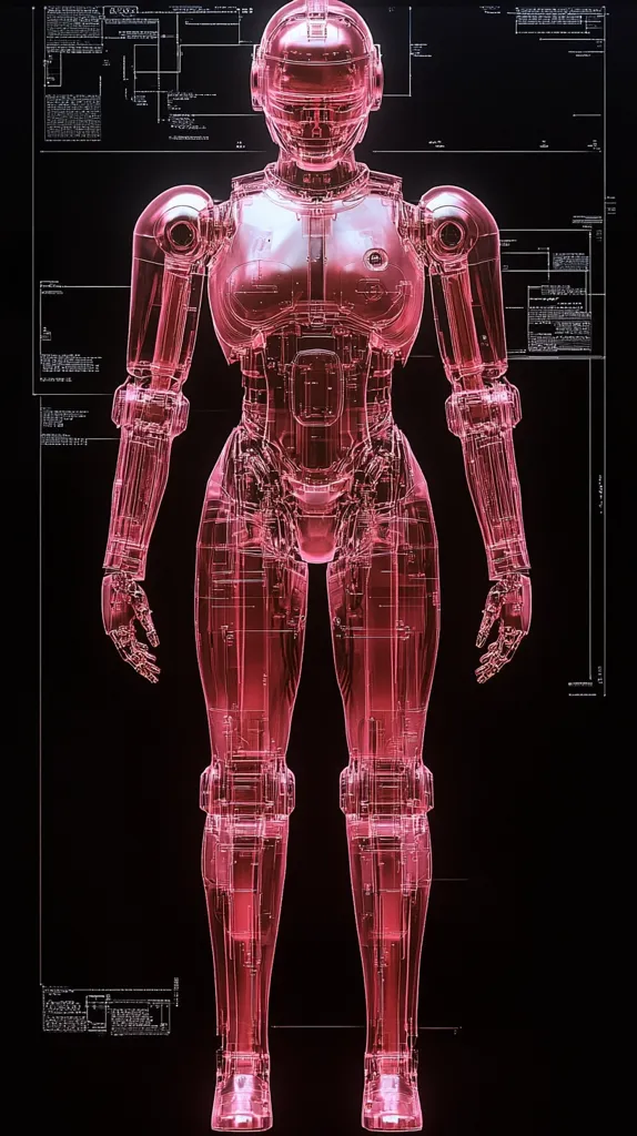 A humanoid robot with a transparent, glowing red body stands in the center of the image. The robot has a helmet with a visor covering its face, and is surrounded by a grid of glowing white lines. The robot's body is detailed with gears and other mechanical elements, emphasizing its robotic nature. The background is a dark, abstract space with a grid pattern. The image has a futuristic and technological aesthetic.