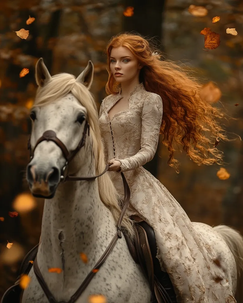 A woman with long, flowing red hair rides a white horse through a forest. She wears a cream-colored gown with intricate lace details. Autumn leaves swirl around her, creating a magical and ethereal atmosphere. The horse's mane and tail flow in the wind, and the woman's expression is serene and confident. The scene evokes a sense of mystery and romance.
