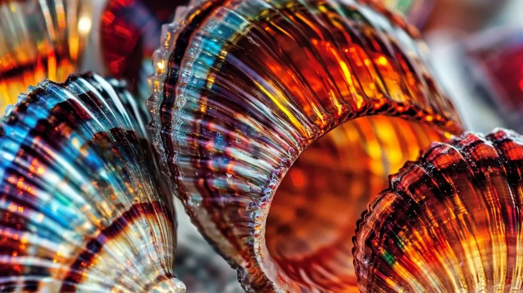 A close-up shot of three seashells, each with a unique iridescent pattern. The shells are layered on top of each other, creating a beautiful and complex texture. The light reflects off the shells, creating a shimmering effect. The colors are vibrant and rich, ranging from deep blues and greens to warm reds and oranges. The image captures the beauty and detail of nature, showcasing the intricate patterns and colors found in the natural world.