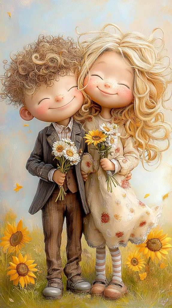 A young boy and girl, with curly hair, are standing close together in a field of sunflowers. They are both smiling and holding bouquets of flowers. The boy is wearing a brown suit and the girl is wearing a white dress with floral print. They look happy and innocent.  The sunflowers in the background are vibrant and cheerful. The illustration depicts a sweet and innocent moment of childhood friendship.