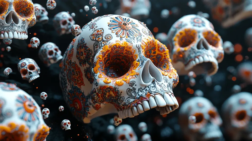 The image shows a collection of intricately decorated sugar skulls, a common symbol of the Day of the Dead celebration. The skulls are white with intricate patterns of black, orange, and yellow paint. The image captures a festive and colorful spirit of remembrance and celebration.