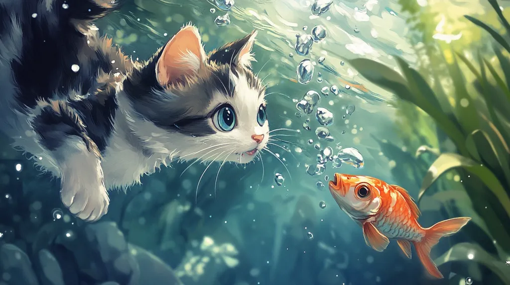 A white and grey cat with large blue eyes swims underwater, gazing curiously at an orange goldfish. Bubbles float around them in the turquoise water. The scene is peaceful and whimsical, with a soft focus and a dreamlike quality.  Green foliage can be seen in the background, adding a natural touch to the underwater world.  The cat's paw is visible, suggesting movement and playfulness.  The image evokes a sense of wonder and tranquility.