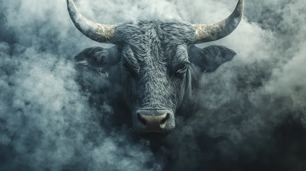 The image depicts a black bull's head with long, pointed horns emerging from a swirling mass of grey smoke. The bull's dark fur and imposing features are partially obscured by the smoke, creating a sense of mystery and power. The image evokes a sense of strength, danger, and the unknown.