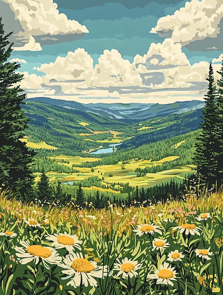 A picturesque landscape painting depicts a breathtaking view from a mountaintop. Rolling green hills and a winding river stretch out into the distance, framed by lush forests and a vibrant blue sky filled with fluffy white clouds. The foreground is a riot of wildflowers, predominantly white daisies, blooming in abundance. The scene captures the tranquility and beauty of nature.