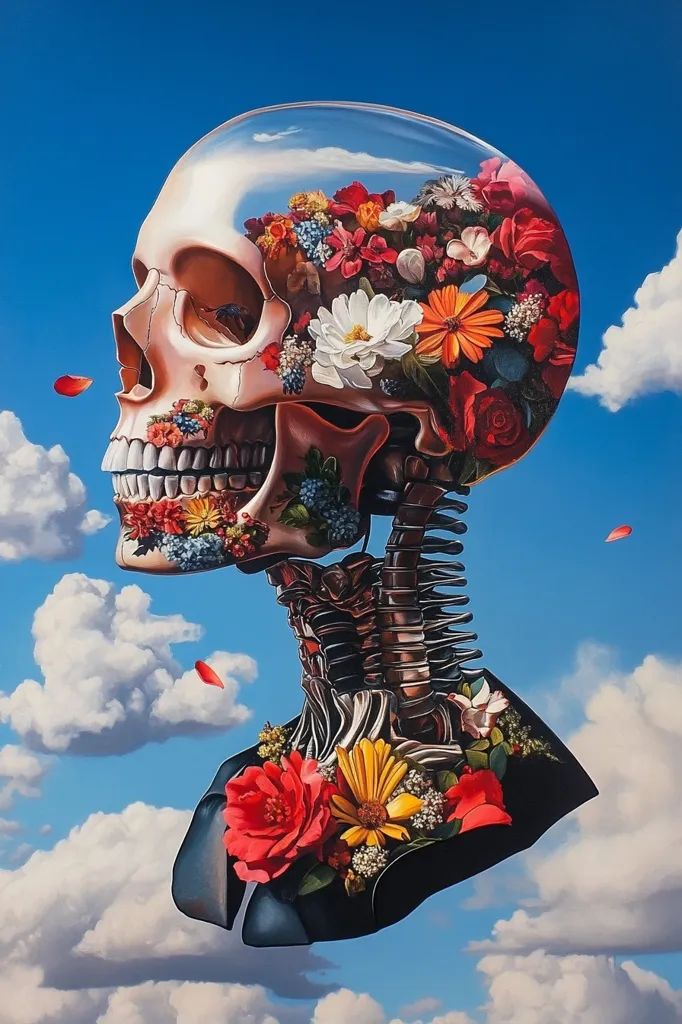 A human skull is depicted against a blue sky with fluffy white clouds. The skull is adorned with a variety of colorful flowers that emerge from its cranium, extending down the neck, creating a striking juxtaposition of life and death.  Rose petals float in the air, adding to the surreal and ethereal atmosphere of the image.  The flowers represent beauty and rebirth, while the skull symbolizes mortality and the passage of time.