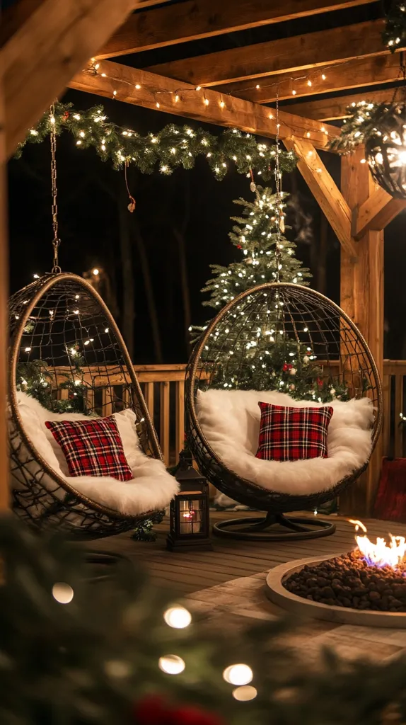 Two cozy hanging chairs with faux fur cushions and red plaid throw pillows are set up under a wooden pergola adorned with Christmas lights.  A lit fire pit sits in the center of the scene, offering warmth and ambiance. The space is perfect for a romantic evening or a gathering with friends.  A Christmas tree, also illuminated with lights, adds a festive touch to the scene.