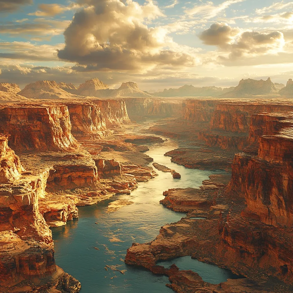 A wide, winding river flows through a canyon, surrounded by towering, red rock cliffs. The sun shines brightly overhead, casting long shadows across the landscape. The sky is filled with fluffy, white clouds, and the air is clear and crisp. The scene is one of vastness and beauty, a reminder of the power and majesty of nature.