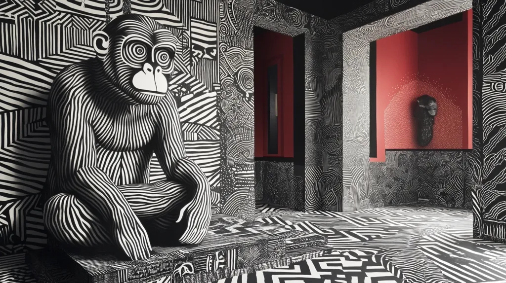 A black and white striped monkey sits on a platform in the foreground.  The walls and floor are covered in intricate black and white patterns. A red doorway in the background leads to a room with a patterned red wall and a black sculpture. The image is a modern art installation with a surreal and somewhat unsettling aesthetic.