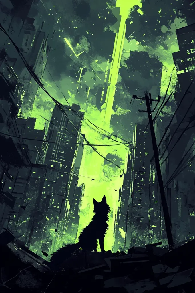 The image is a digital painting of a dark, shadowy city, with a large, glowing green beam shooting up into the night sky. A silhouetted fox, its fur blending into the darkness, sits in the foreground, gazing up at the beam. The city is rendered in a stylized, almost abstract fashion, with buildings and streets appearing distorted and fragmented. The overall impression is one of mystery and intrigue, as if the city is harboring some secret, hidden in plain sight.