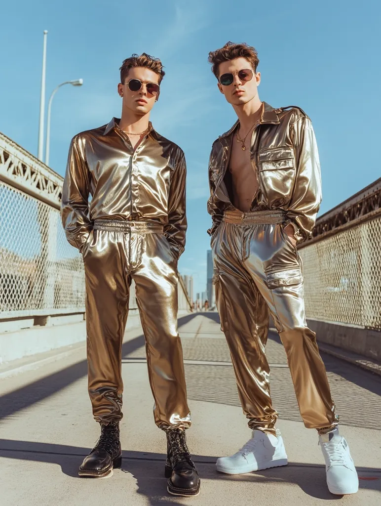 Two men wearing matching gold metallic outfits, stand on a bridge. Both are wearing sunglasses and have their hair styled. One is wearing black boots and the other is wearing white sneakers. The men are standing on a bridge with a metal fence and the city skyline in the background. They look stylish and confident.