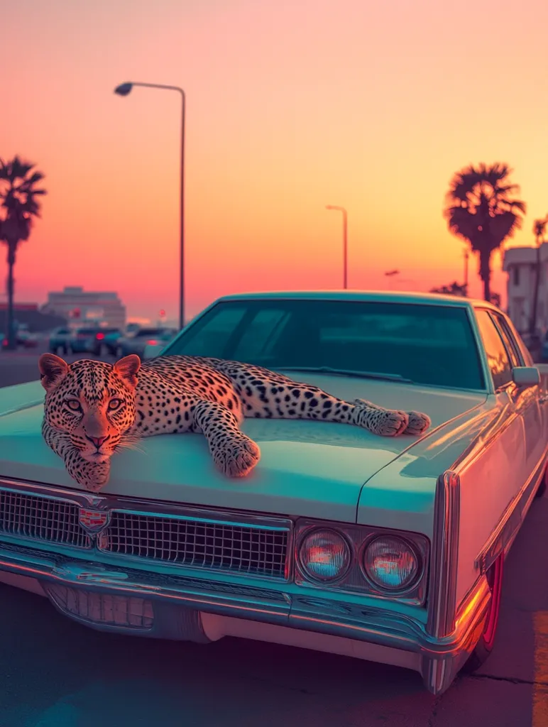 A vintage white car is parked on a street with a leopard lying on its hood. The sun is setting in the background, casting a warm, orange glow over the scene. Palm trees line the street, adding a tropical touch. The leopard's spotty fur contrasts with the smooth, white surface of the car, creating a striking visual. The image is evocative of a carefree, vintage summer evening.
