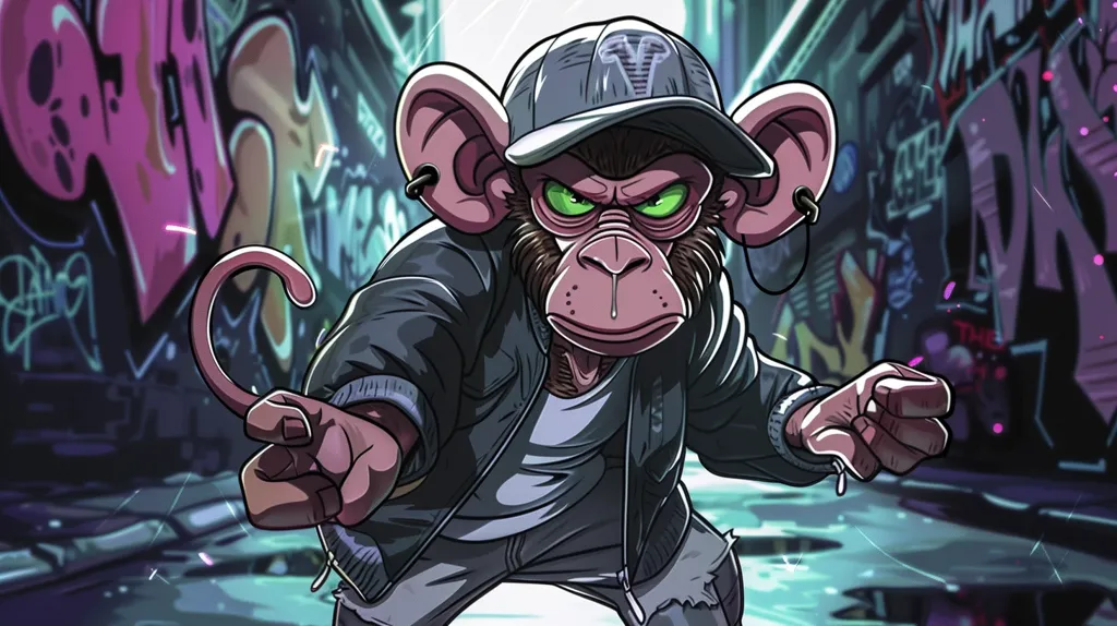 A cartoon monkey with a pink face, wearing a black leather jacket, jeans and a baseball cap, stands in an urban alleyway, with a menacing look on its face. It has large, green eyes, and a long, dripping nose. The background is covered in colorful graffiti, creating a vibrant and gritty atmosphere. The monkey's pose suggests an air of authority and confidence.  The image is stylized and captures the essence of urban street culture.