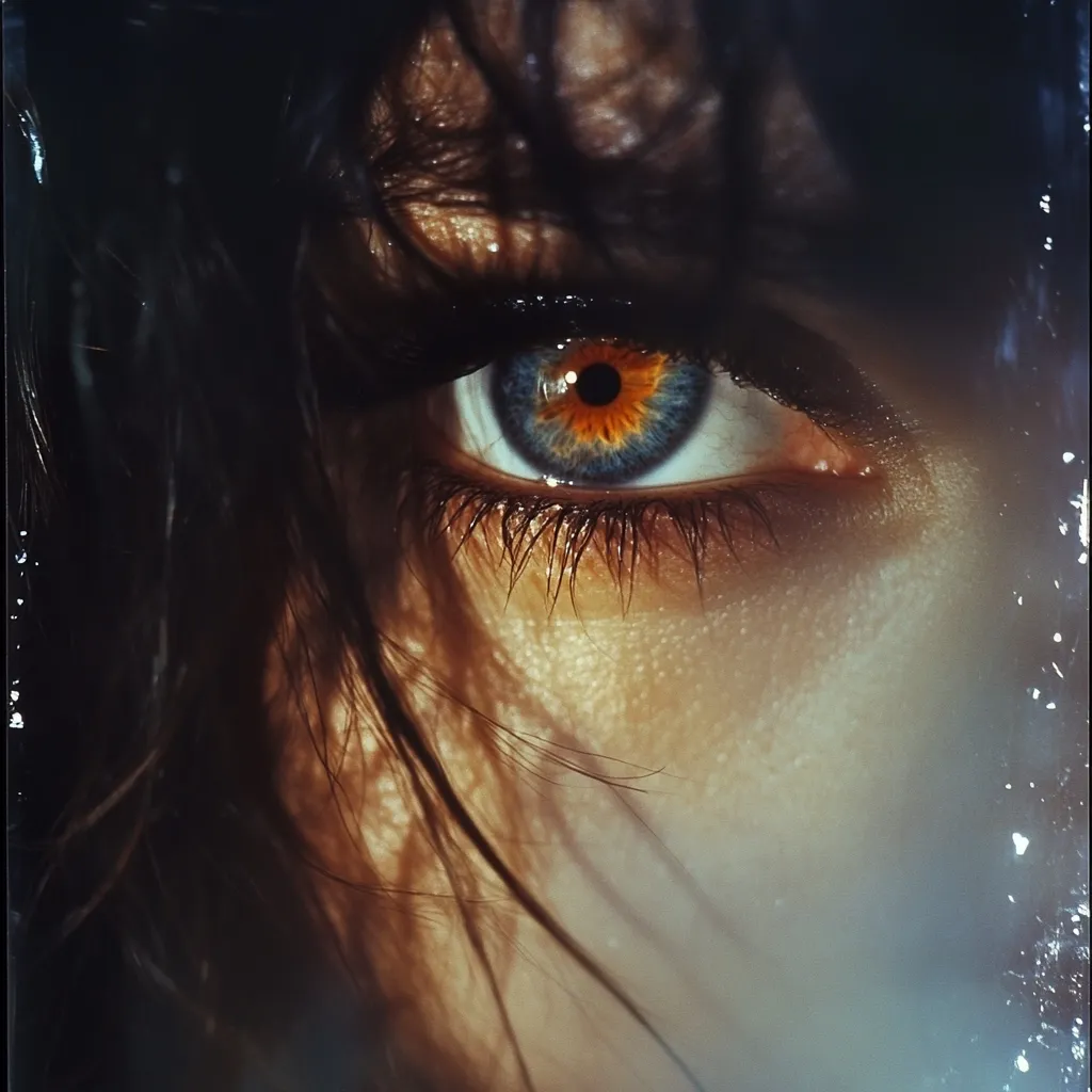 A close-up of a woman's eye, capturing a captivating gaze. The eye is a mesmerizing mix of blue and brown, with a deep orange pupil. Long lashes frame the eye, while strands of dark hair cascade across the face, creating a sense of mystery and intrigue. The image is reminiscent of a vintage photograph, with a soft, dreamy quality.