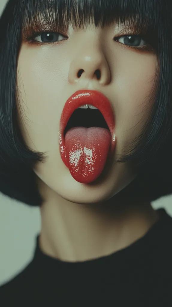 A close-up portrait of a young woman with dark hair and bangs, her lips are painted a bold red and she is sticking her tongue out. Her expression is playful and slightly mischievous, and she looks directly at the viewer. The image is shot in a soft, moody lighting.