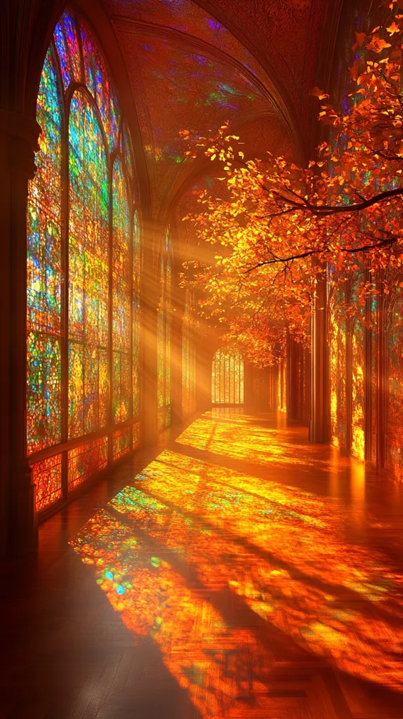 A sunlit hallway with a stained-glass window on the left. The window casts a vibrant rainbow of colors onto the wooden floor. An autumnal tree branches overhead, its leaves adding to the warm, inviting atmosphere. Light streams through the arched ceiling, creating a sense of depth and mystery.