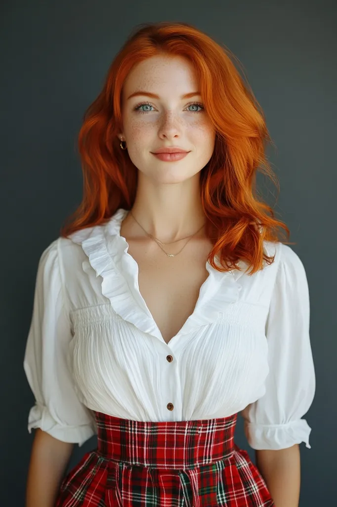 A young woman with bright red hair and freckles is wearing a white blouse with a ruffled collar and a red and black plaid skirt. She is looking directly at the camera with a gentle smile. The background is a dark gray wall. She has a delicate gold chain necklace around her neck.