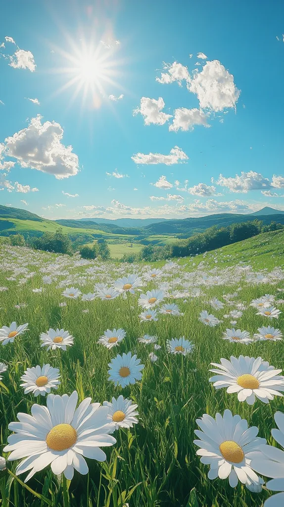 A field of white daisies blooms under a bright blue sky with fluffy white clouds. The sun shines brightly above the lush green grass and rolling hills in the distance. The scene evokes a feeling of serenity and joy.