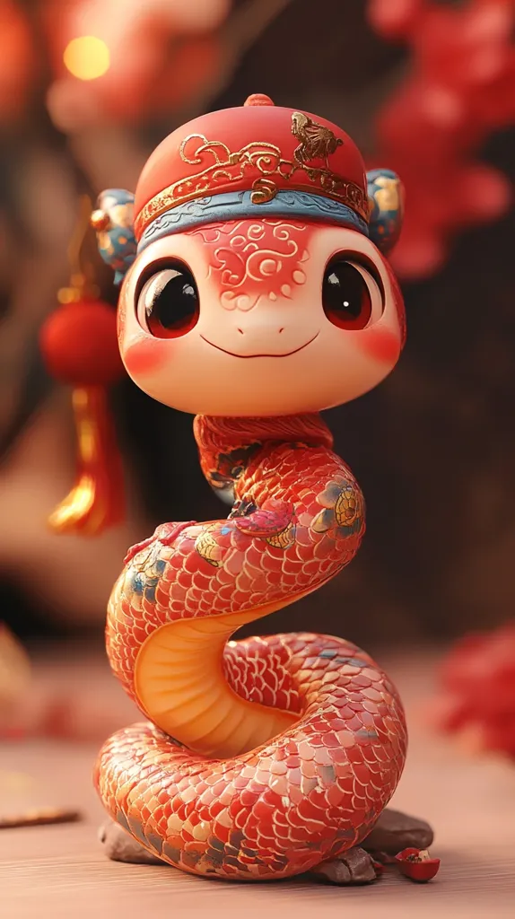 A small, red, and intricately detailed figurine of a snake wearing a miniature red and gold hat. Its eyes are large and black, and its body is curled up in a coil. The figurine has a glossy finish and appears to be made of ceramic or plastic.  The background is a soft blur of red and gold.