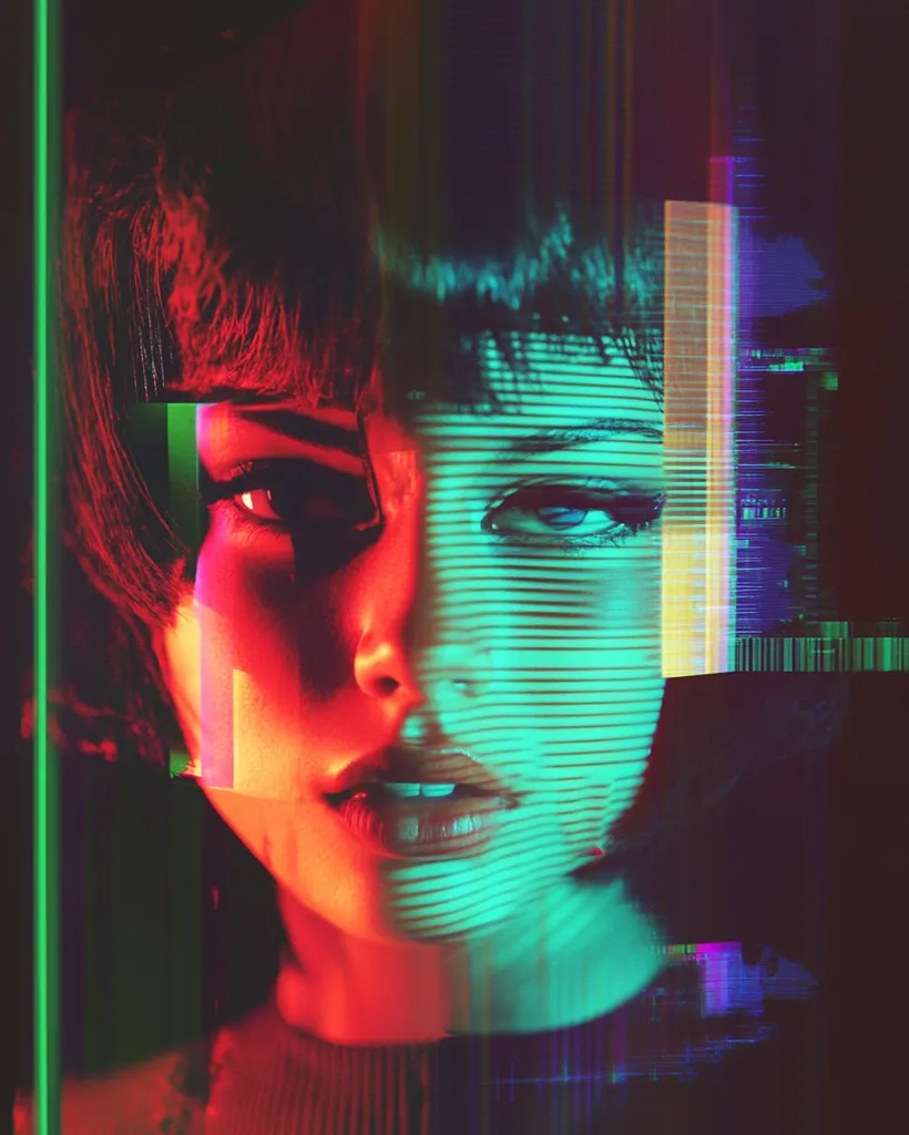 A woman with short black hair is illuminated by a combination of red and green lights, creating a digital glitch effect. The image is saturated with color and lines, obscuring her features and giving a futuristic aesthetic. The colors and lines evoke a sense of being in a virtual space, blurred and distorted.  Her expression is unreadable, adding to the mystery of the image.