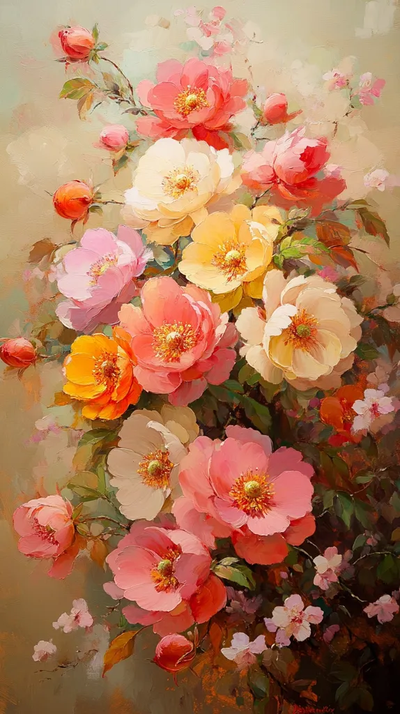 A vibrant oil painting depicts a lush bouquet of flowers, primarily pink and white roses, with hints of yellow and orange. The petals are rendered with thick strokes, giving the flowers a textured appearance. The background is a soft beige, allowing the flowers to take center stage. The composition is dense, with the flowers overlapping and creating a sense of depth and richness.  The overall impression is one of beauty, abundance, and the celebration of nature's artistry.