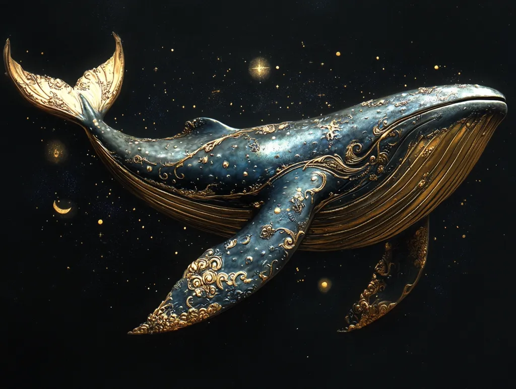 A large, intricately detailed whale sculpture, adorned with gold leaf and intricate designs, appears to be swimming through a starry night sky. The whale's body is a deep blue, while its fins and tail are accented with gold, creating a striking contrast against the dark background. The image is a captivating blend of realism and fantasy, suggesting a world where dreams and reality collide.