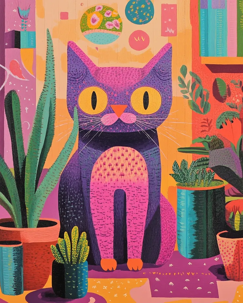 A purple and pink cat sits on a colorful floor, surrounded by plants and a bookshelf. The cat has large yellow eyes and a pink nose. The background is filled with bright colors and geometric shapes. The style is whimsical and playful, with a focus on bold lines and textures.