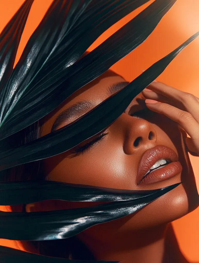 A close-up shot of a woman's face partially obscured by large, dark palm leaves. The woman's eyes are closed, and her lips are painted a rich, brown color. The leaves are arranged in a way that creates a sense of mystery and intrigue, highlighting the woman's features. The warm, orange background adds a touch of tropical vibrancy to the image.