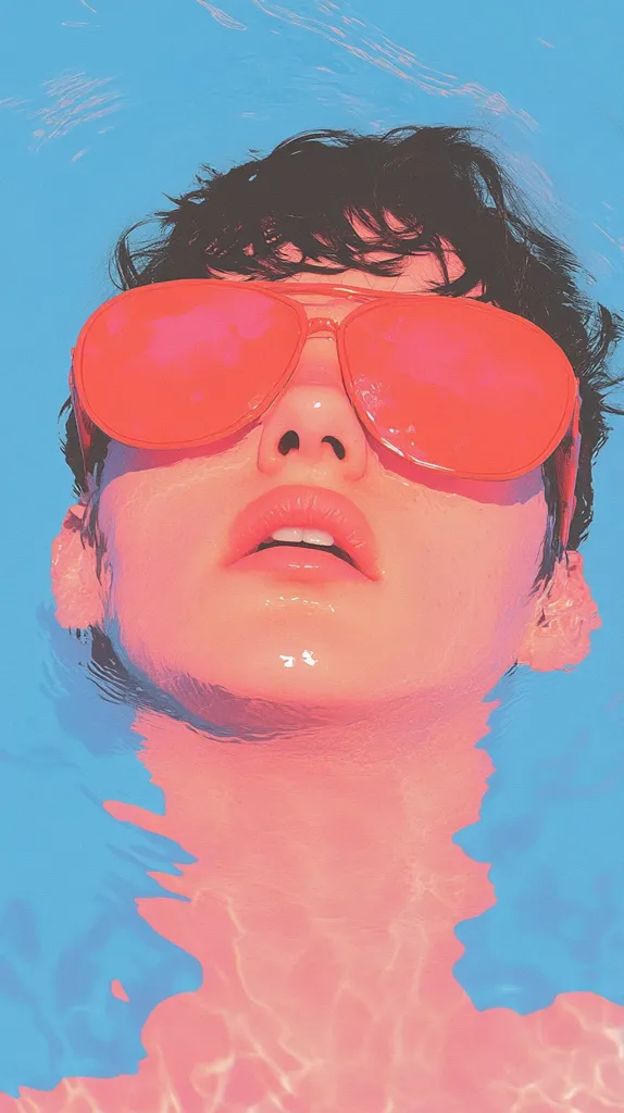 The image shows a person with dark hair and pink sunglasses submerged in a pool. The water is a vibrant blue, and the person's skin is illuminated by the sunlight, creating a warm glow. The image focuses on the person's face, highlighting their closed eyes and slightly parted lips. The overall effect is one of tranquility and summery bliss.