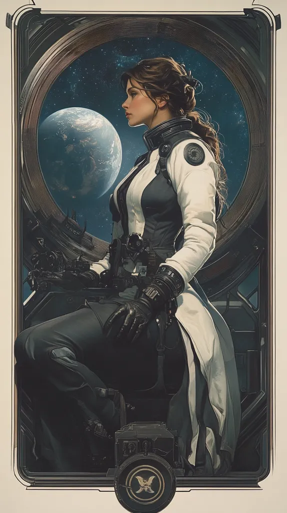A woman in a futuristic space suit sits in the cockpit of a spaceship, looking out a large window. A blue planet and a field of stars are visible through the window. The woman's expression is thoughtful, suggesting a journey of discovery and exploration. The image evokes a sense of wonder and the vastness of space.  The image is framed in a stylized border.