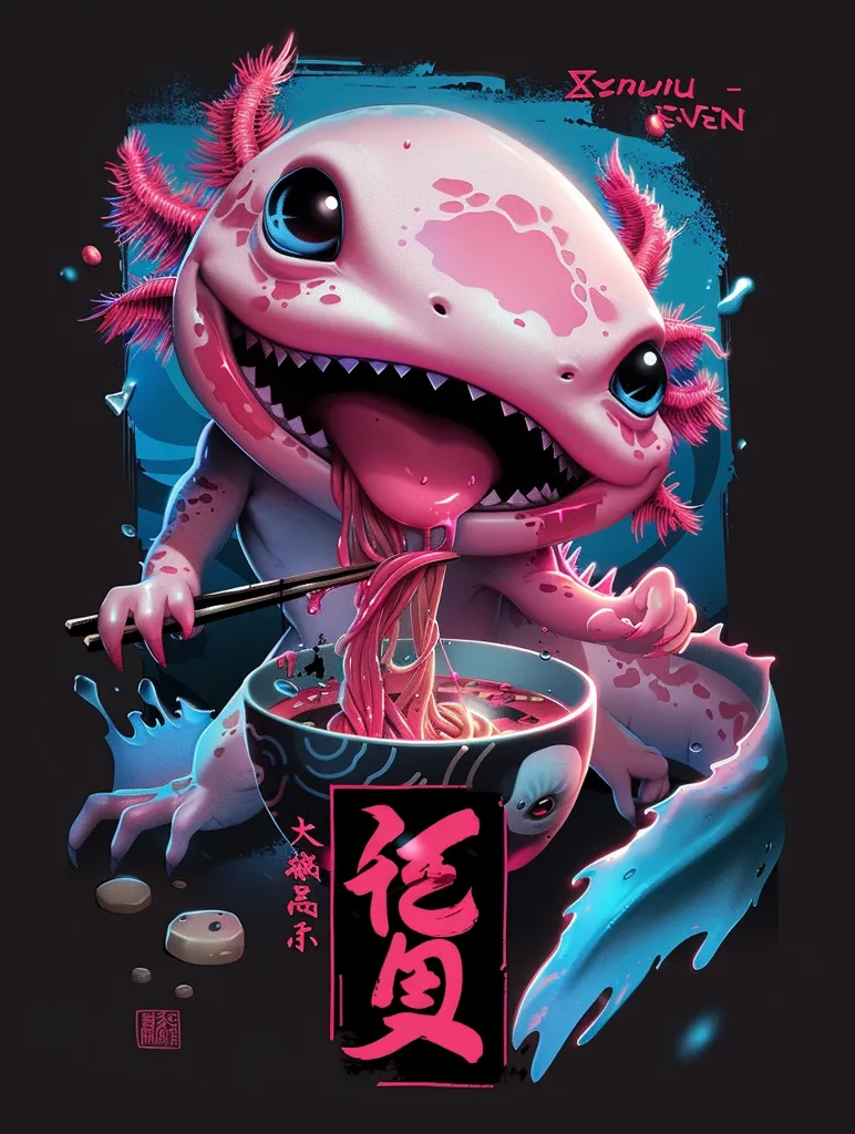 The image depicts a pink axolotl with bright blue eyes, wearing a mischievous grin, as it eagerly eats noodles from a bowl with chopsticks. The creature is surrounded by vibrant splashes of pink, blue, and black against a dark background. The image has a whimsical, cartoonish style, and is set against a background with Japanese characters. The image is likely a design for a t-shirt or other piece of merchandise.