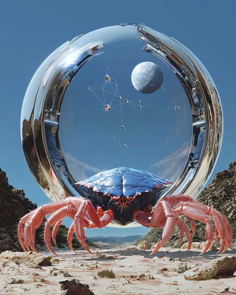 A giant, red and blue crab stands on a sandy, rocky landscape. It is framed by a large, metallic, ring-shaped object. Behind the crab, a crescent moon and a constellation of interconnected spacecraft hang in a blue sky. The scene has a surreal and futuristic quality.