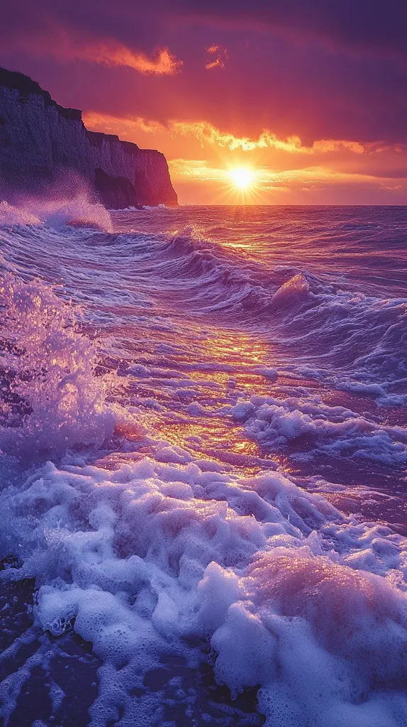 A breathtaking sunset paints the sky in vibrant shades of purple and orange, casting a warm glow over the crashing waves. The foamy surf rolls onto the shore, reflecting the sunset's colors and creating a mesmerizing display of nature's beauty.  A distant cliff stands silhouetted against the fiery sky, completing the picturesque scene.