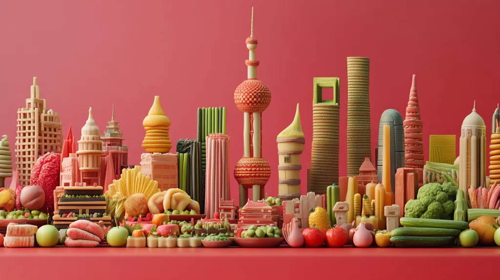 A vibrant cityscape made entirely of food items.  Buildings are constructed from fruits, vegetables, and grains, creating a playful and imaginative representation of urban life. The use of bright colors and diverse textures enhances the whimsical nature of the scene. The red background adds a sense of vibrancy and pops against the colorful cityscape. The overall image evokes a sense of fun and creativity, showcasing the versatility and artistry of food.